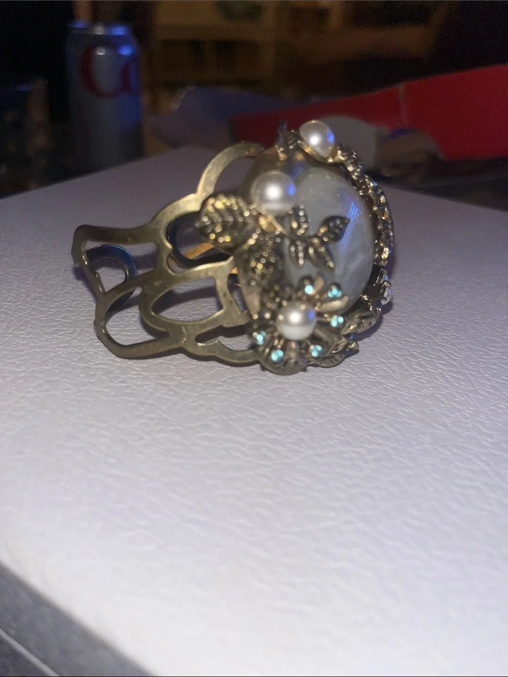 Vintage Gold Pearl like Floral Statement Bracelet